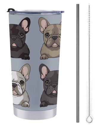 Yhegbfd Fransız Bulldog Paslanmaz Çelik 590 ml Pipetli Outdoor Bardak Termos Beyaz - Mavi
