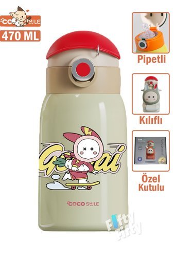 Vagonlife Cocosmile Paslanmaz Çelik 470 ml Pipetli Outdoor Matara Termos Beyaz