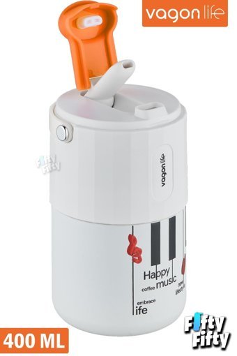 Vagonlife Happy Music Paslanmaz Çelik 400 ml Pipetli Outdoor Bardak Termos Beyaz