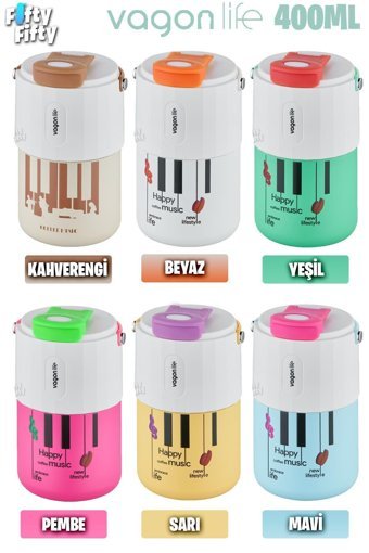 Vagonlife Happy Music Paslanmaz Çelik 400 ml Pipetli Outdoor Bardak Termos Beyaz