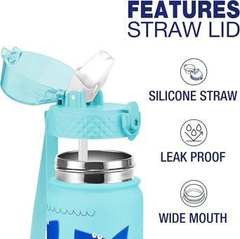 Goppus Mavi Köpekbalığı Paslanmaz Çelik 550 ml Pipetli Outdoor Matara Termos Mavi
