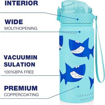 Goppus Mavi Köpekbalığı Paslanmaz Çelik 550 ml Pipetli Outdoor Matara Termos Mavi