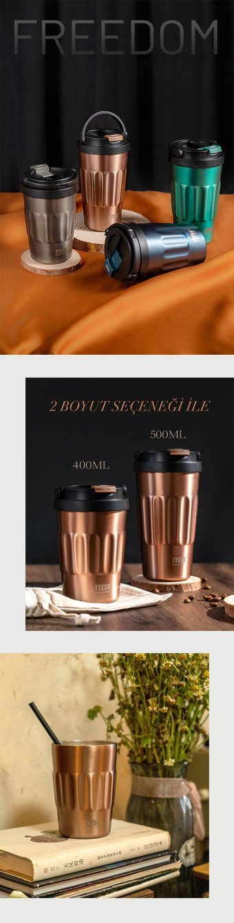 Tyeso Coffe Mug Paslanmaz Çelik 400 ml Outdoor Bardak Termos Gri