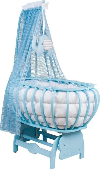 Tommybaby Lina Ahşap 20 kg Oval Tekerlekli Yataklı Sallanan Sepet Mavi Beşik