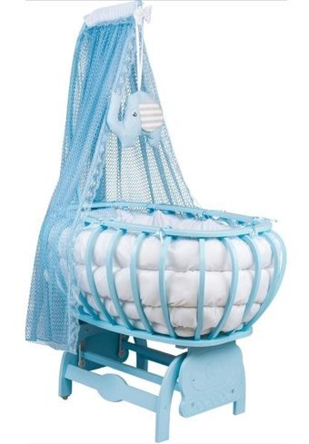 Tommybaby Lina Ahşap 20 kg Oval Tekerlekli Yataklı Sallanan Sepet Mavi Beşik