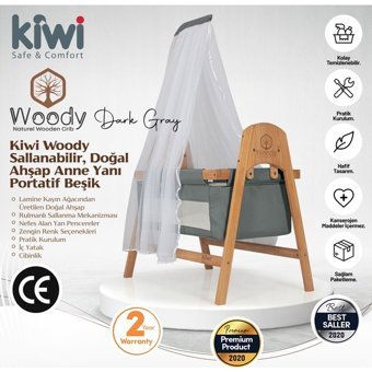 Kiwi Woody Ahşap 18 kg Dikdörtgen Yataklı Sallanan Anne Yanı Gri Beşik