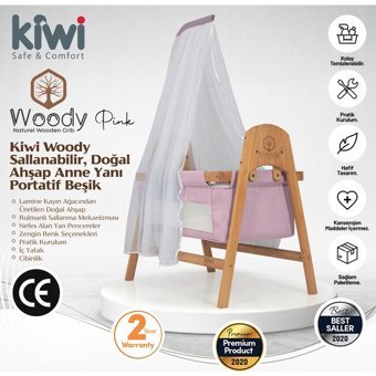 Kiwi Woody Ahşap 18 kg Dikdörtgen Yataklı Sallanan Anne Yanı Gri Beşik