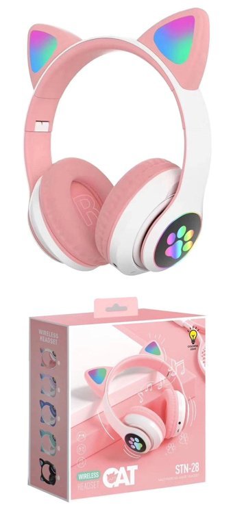 Karler Bass Kedi Android & iOS Uyumlu Işıklı Işıklı Silikonlu Gürültü Önleyici Kablosuz Kulak Üstü Bluetooth Kulaklık Pembe