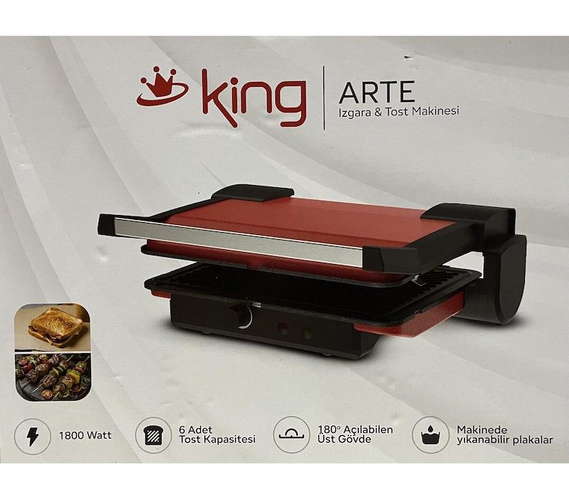 King Arte 6 Dilim Döküm Çıkartılabilir Plaka Çift Taraflı Kırmızı Izgaralı Tost Makinesi