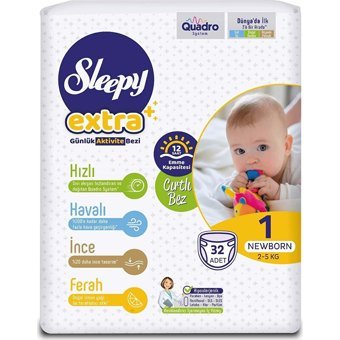 Sleepy Extra Günlük Aktivite Yenidoğan 1 Numara Organik Cırtlı Bebek Bezi 32 Adet