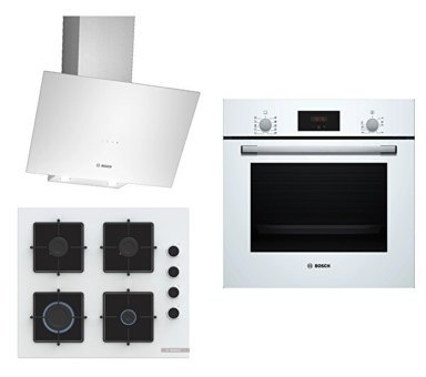 Bosch HBF512BW1T - POP6C2P30O - DWK64PJ20T Dijital Doğalgazlı Cam Klasik Set Üstü Davlumbaz 3'lü Ankastre Set Beyaz