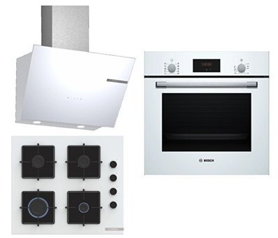 Bosch HBF512BW1T - POP6C2P30O - DWK66PJ20T Dijital Doğalgazlı Cam Klasik Set Üstü Davlumbaz 3'lü Ankastre Set Beyaz