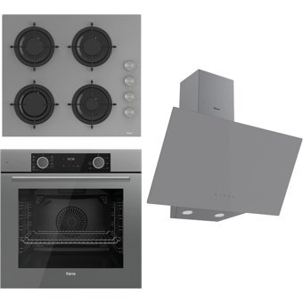 Ferre XE63CPR - CS208 - D079 Dijital Doğalgazlı Cam Klasik Set Üstü Davlumbaz 3'lü Ankastre Set Gri