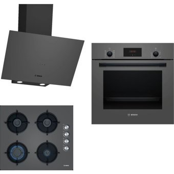Bosch HBF512BH1T - POP6C9O10O - DWK64PJ70T Dijital Doğalgazlı Cam Klasik Set Üstü Davlumbaz 3'lü Ankastre Set Gri