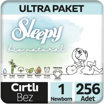 Sleepy Bio Natural Yenidoğan 1 Numara Organik Cırtlı Bebek Bezi 256 Adet