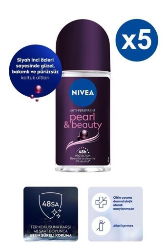 Nivea Pearl & Beauty Fine Fragrance Pudrasız Ter Önleyici Antiperspirant Roll-On Kadın Deodorant 5x50 ml