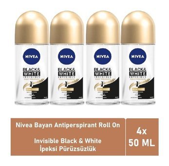 Nivea Black&White Invisible İpeksi Pürüzsüzlük Pudrasız Ter Önleyici Antiperspirant Roll-On Kadın Deodorant 4x50 ml