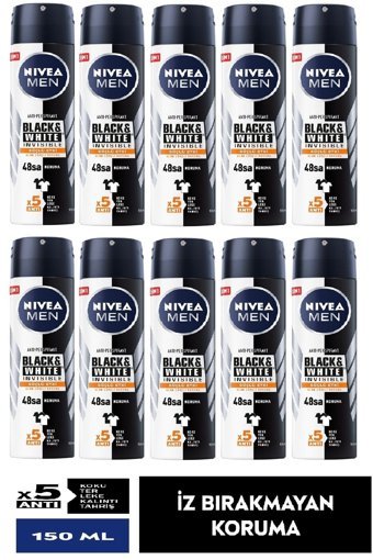 Nivea Black&White Invisible Güçlü Etki Pudrasız Ter Önleyici Antiperspirant Sprey Erkek Deodorant 10x150 ml