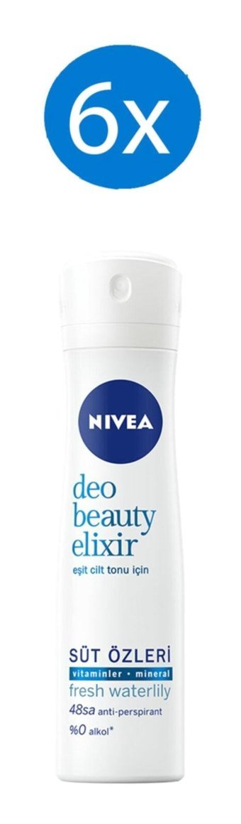 Nivea Beauty Elixir Fresh Waterlily Pudrasız Ter Önleyici Antiperspirant Sprey Kadın Deodorant 6x150 ml