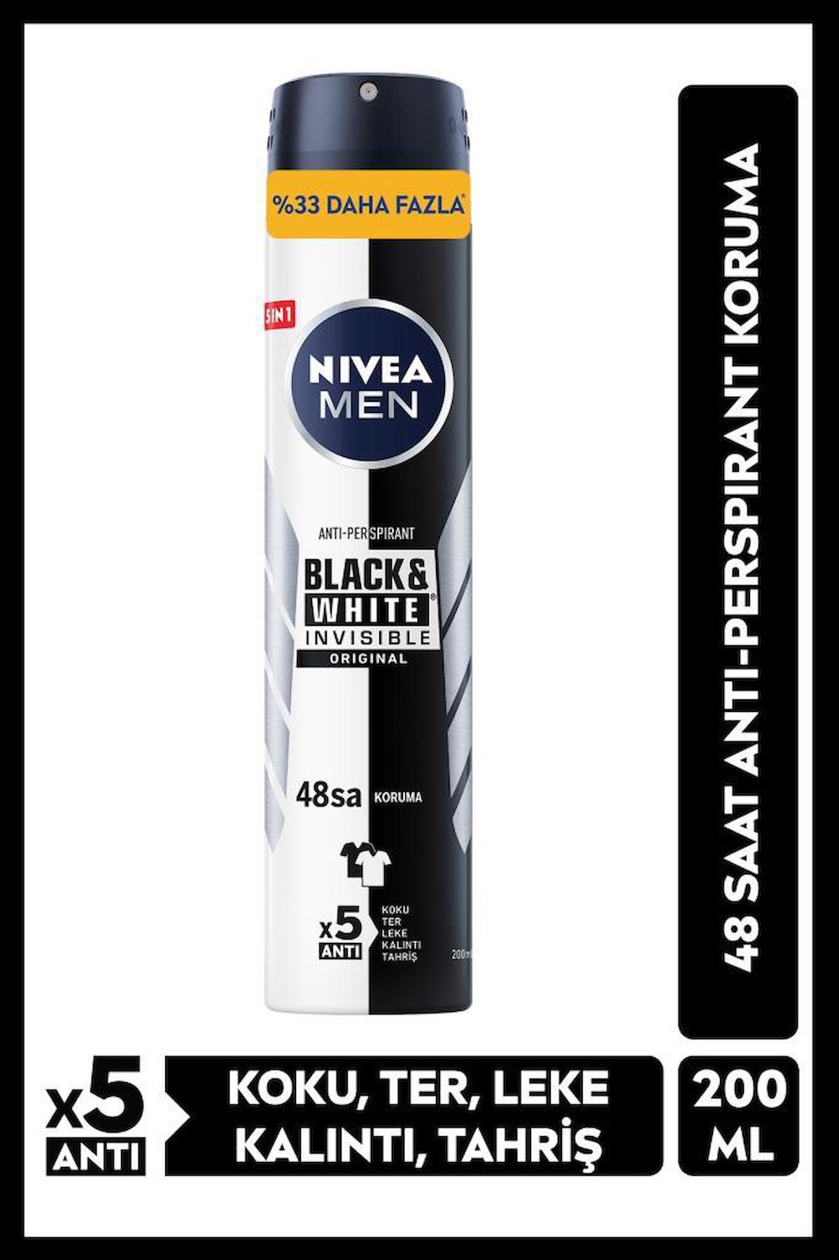 Nivea Black&White Invisible Original 48 Saat Koruma Pudrasız Ter Önleyici Antiperspirant Sprey Erkek Deodorant 200 ml