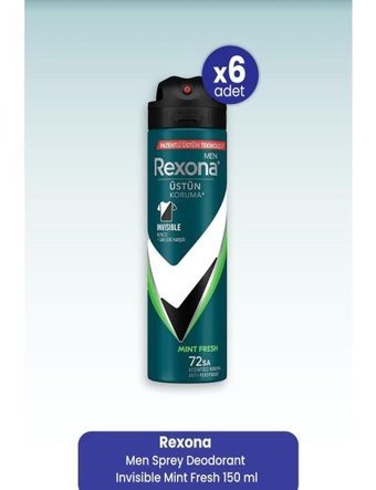Rexona Invisible Mint Fresh Pudralı Ter Önleyici Antiperspirant Sprey Erkek Deodorant 6x150 ml