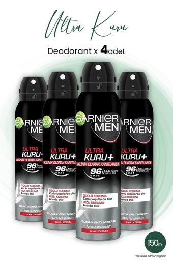 Garnier 96 Saat Ultra Kuru Pudrasız Ter Önleyici Antiperspirant Sprey Erkek Deodorant 4x150 ml