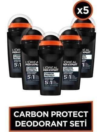 L'Oreal Paris Expert Carbon Protect Pudrasız Ter Önleyici Antiperspirant Roll-On Erkek Deodorant 5x50 ml