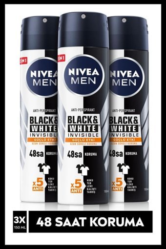 Nivea Black&White Invisible Güçlü Etki Pudrasız Ter Önleyici Antiperspirant Sprey Erkek Deodorant 3x150 ml