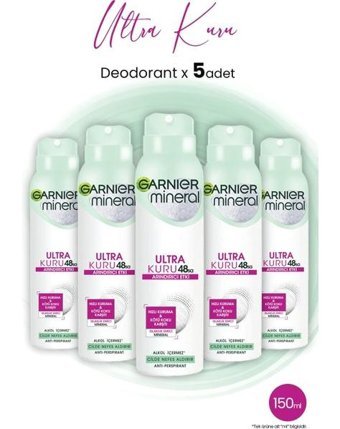 Garnier Mineral Ultra Kuru Pudralı Ter Önleyici Antiperspirant Sprey Kadın Deodorant 5x150 ml