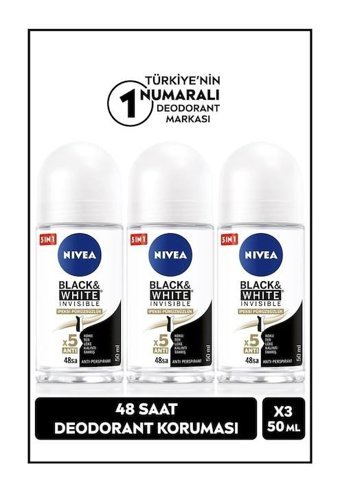 Nivea Black&White Invisible İpeksi Pürüzsüzlük Pudrasız Ter Önleyici Antiperspirant Roll-On Kadın Deodorant 3x50 ml