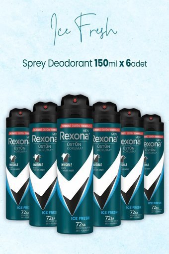 Rexona Invisible Ice Fresh Üstün Koruma Pudralı Ter Önleyici Antiperspirant Sprey Erkek Deodorant 6x150 ml