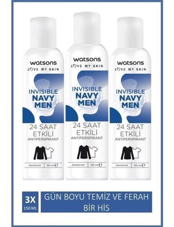 Watsons Invisible Navy Pudralı Ter Önleyici Antiperspirant Sprey Erkek Deodorant 3x150 ml