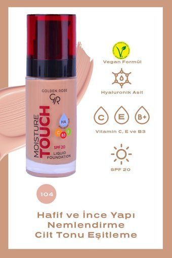 Golden Rose Moisture Touch No:104 Güneş Koruyuculu Vegan Likit Şişe Fondöten 30 ml