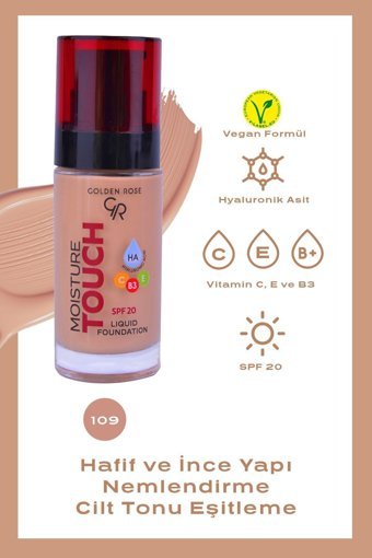 Golden Rose Moisture Touch No:109 Güneş Koruyuculu Vegan Likit Şişe Fondöten 30 ml