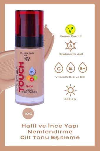 Golden Rose Moisture Touch No:106 Güneş Koruyuculu Vegan Likit Şişe Fondöten 30 ml