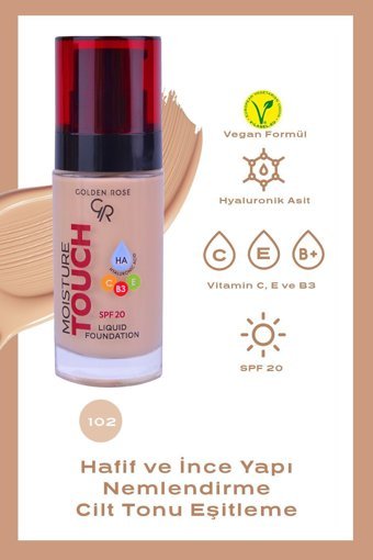 Golden Rose Moisture Touch No:102 Güneş Koruyuculu Vegan Likit Şişe Fondöten 30 ml