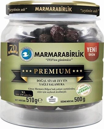 Marmarabirlik Premium Tuzlu Salamura Yağlı Siyah Zeytin Kavanoz 500 gr