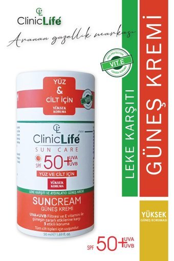 Cliniclife 50 Faktör Tüm Ciltler İçin Leke Karşıtı Aydınlatıcı Yağsız Yüz Güneş Kremi 100 ml