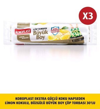Koroplast Limon Kokulu Büzgülü Büyük Boy 65x70 cm Çöp Poşeti 10x3 Adet Sarı