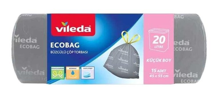 Vileda Ecobag Şeffaf Büzgülü Küçük Boy 45x55 cm Çöp Poşeti 15 Adet Siyah