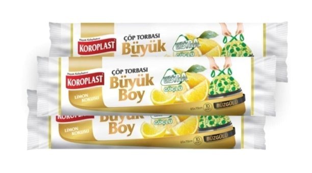 Koroplast Limon Kokulu Şeffaf Büzgülü Büyük Boy 65x70 cm Çöp Poşeti 10x12 Adet Sarı