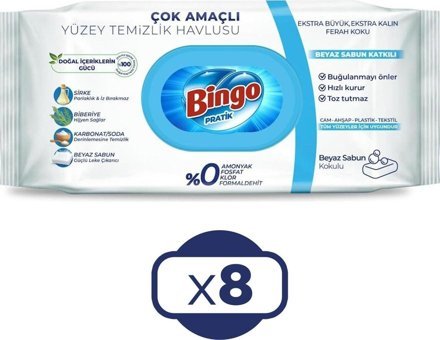 Bingo Beyaz Sabunlu 50 Yaprak 8'li Yüzey Temizleme Mendili