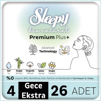 Sleepy Bio Natural Premium Plus Gece Extra Organik Antialerjik İnce 26'lı Hijyenik Ped