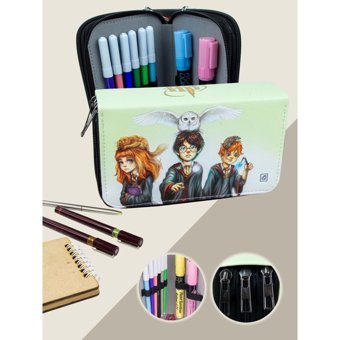 Onesize Vegan Deri Bölmeli 3 Gözlü Harry Potter Desenli Dikdörtgen Kutu Kalemlik