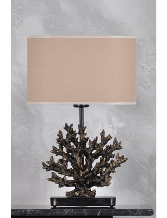 Qdec Mercan Metal-Kumaş-Reçine Bej-Gold Polyester Tek Ayak Abajur