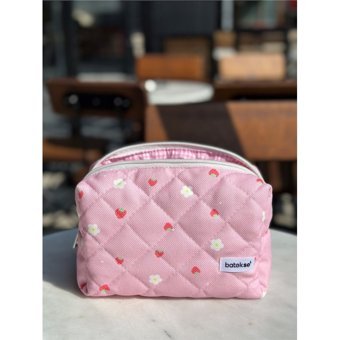 Batekso Pempe Çilek Desenli Tekstil Büyük Boy Seyahat Makyaj Çantası