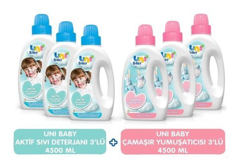Uni Baby 3x1.5 lt Sıvı Çamaşır Deterjan + Uni Baby 3x1.5 lt Yumuşatıcı