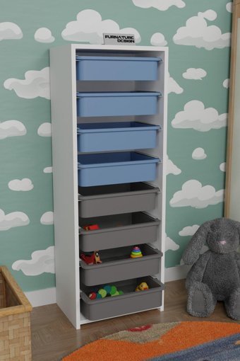 CMK Store Kapaksız 8 Çekmeceli Çok Amaçlı Dolap Beyaz-Mavi-Gri 120x45x30 cm