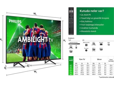 Philips 75PUS8309 75 inç 4K Ultra HD 190 Ekran Ambilight Çerçevesiz Flat Uydu Alıcılı Smart LED Titan OS Televizyon