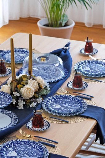 Glore Bluebloom 33 Parça 6 Kişilik Mavi Desenli Cam Kahvaltı Takımı